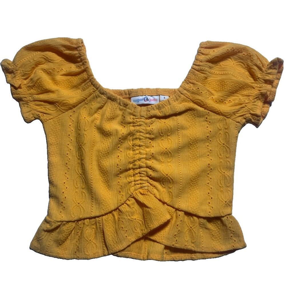 Sugar & Jade Girls Mustard Peplum Top Puff Sleeve Textured Size